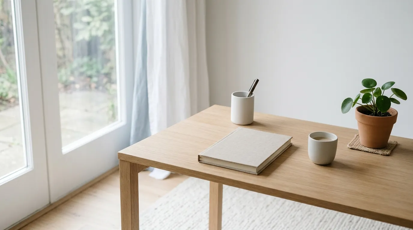 A quiet workspace: a light wood desk by a window with a notebook, a cup and a plant