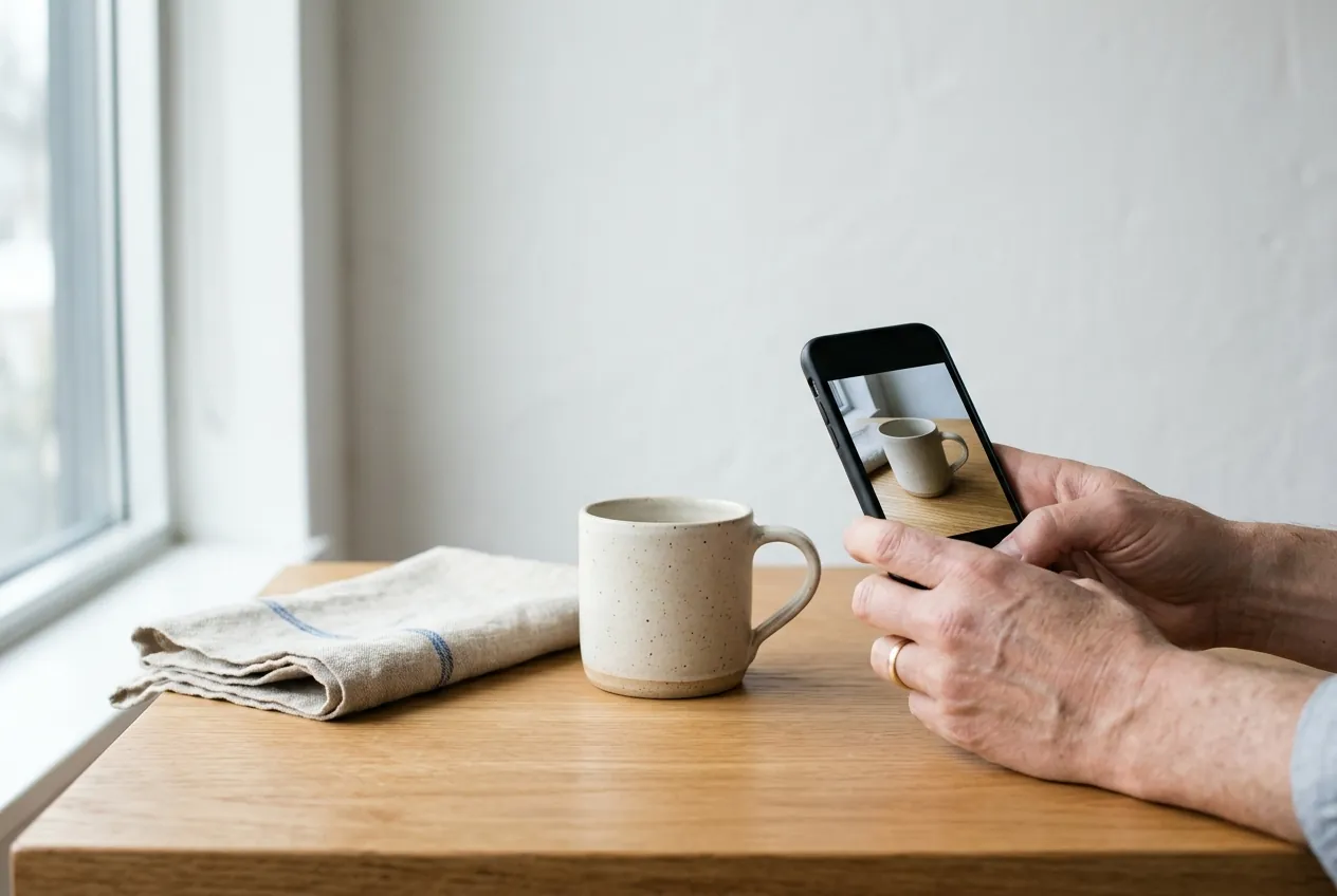 A shop owner photographs a ceramic mug on an oak table with a phone