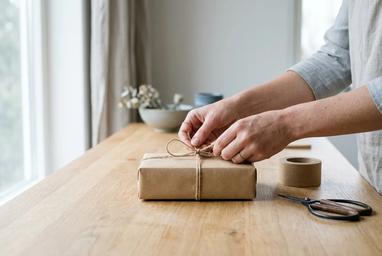 Hands tie twine around a kraft-paper parcel on a wooden counter