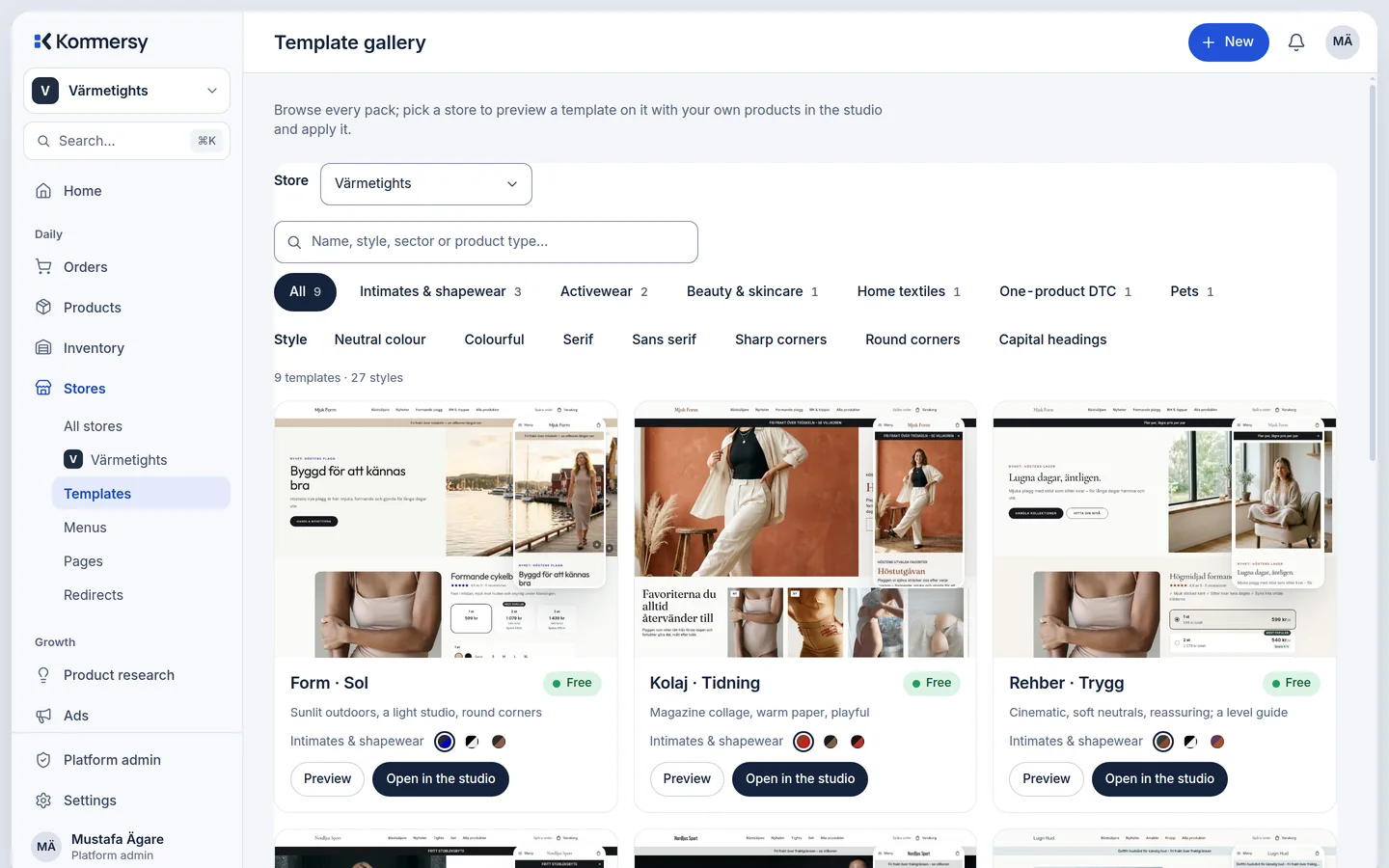 The template gallery: cards of designer templates, each with a preview of a store