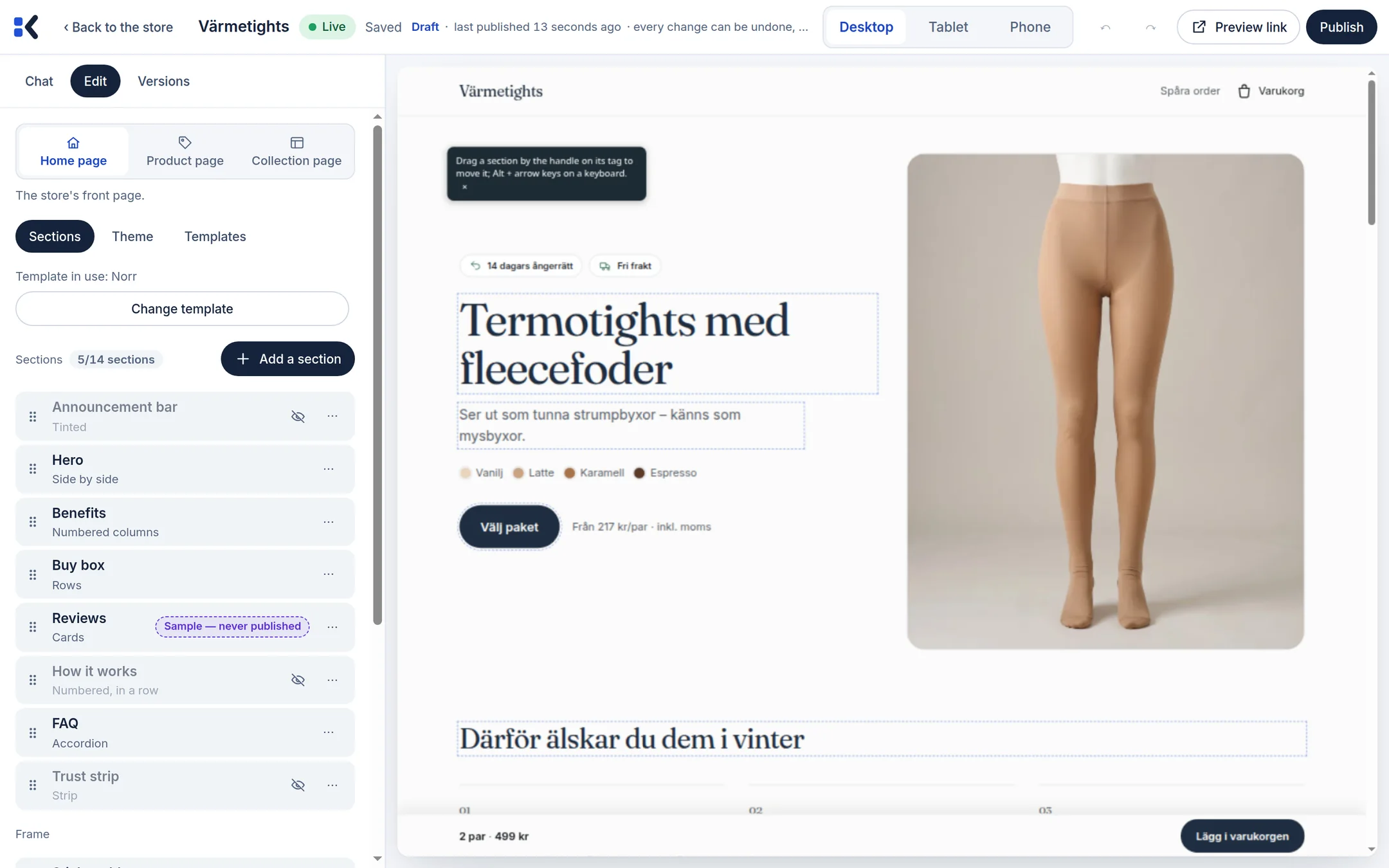The Kommersy design studio: a store's draft in a phone frame with the section list and the AI panel beside it
