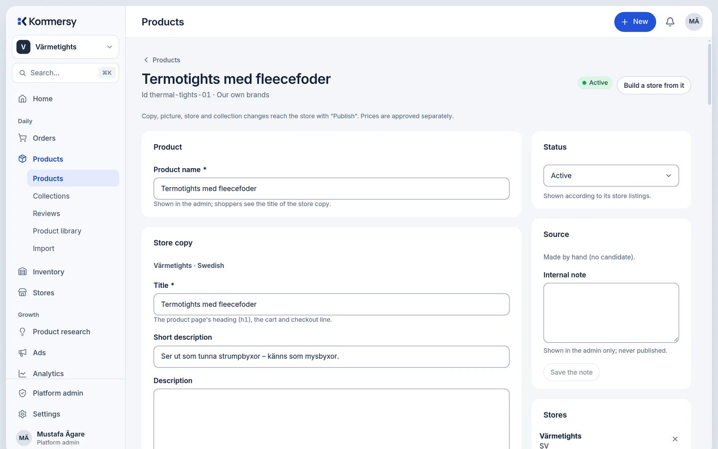 A product's page in the admin: its pictures, variants, prices and where it is used